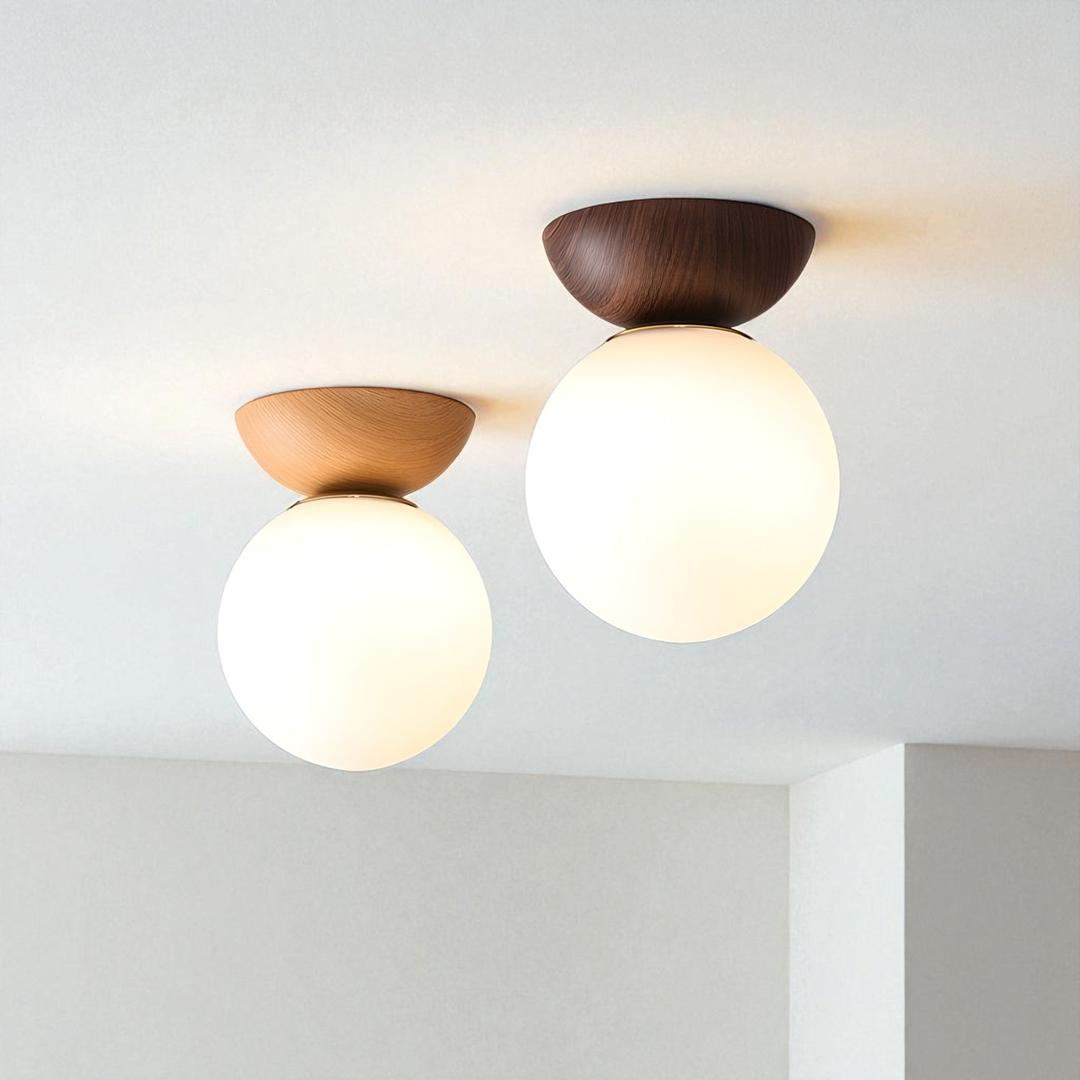 Szklana kula lampa sufitowa z drewna i żelaza | Skandynawski