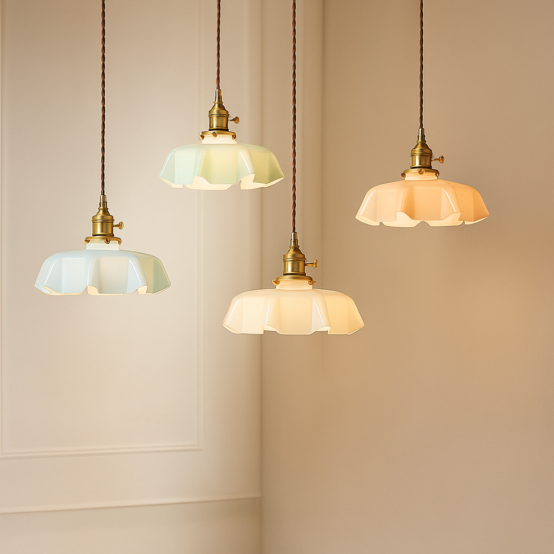 Retro Szklana Lampa Wisząca | Kremowy Kwiatowy Akcent