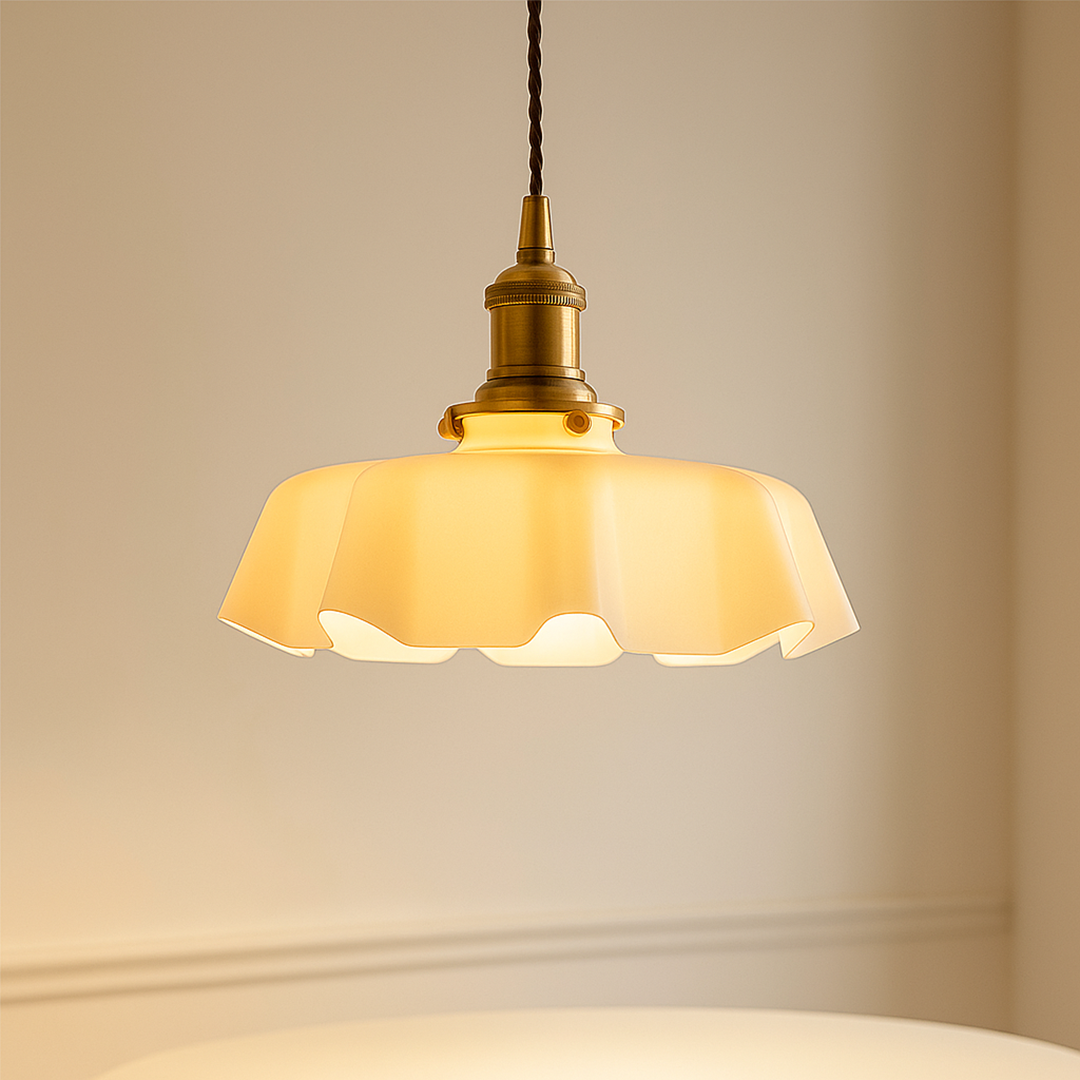 Retro Szklana Lampa Wisząca | Kremowy Kwiatowy Akcent
