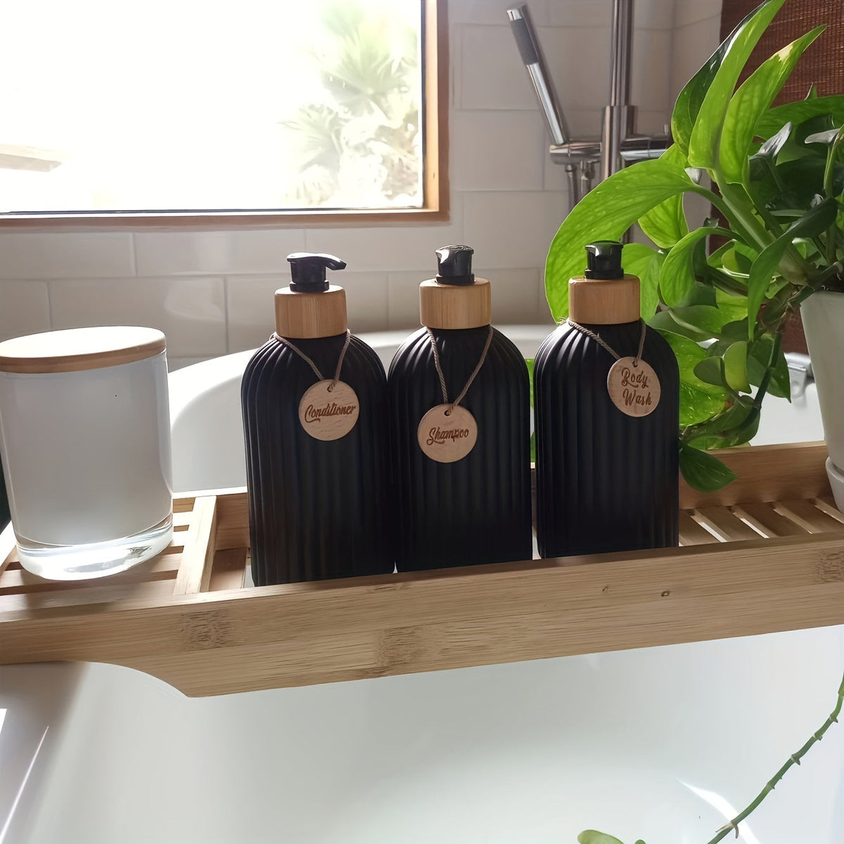 Zestaw 3 Butelek z Dozownikiem 500 ml, Bambusowa Pompka, do Łazienki