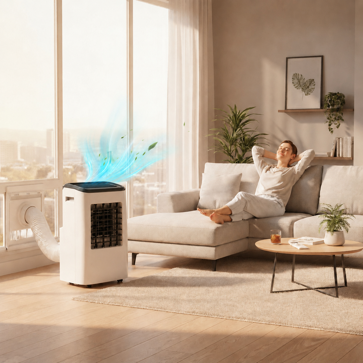 Przenośny klimatyzator 12000 BTU chłodzi salon