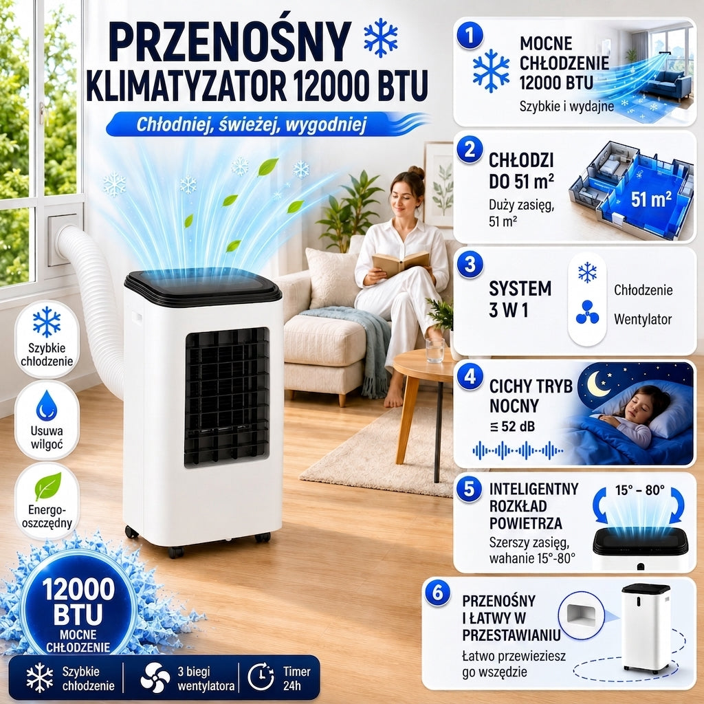 Funkcje klimatyzatora 12000 BTU: 3 w 1, cichy, timer 24h