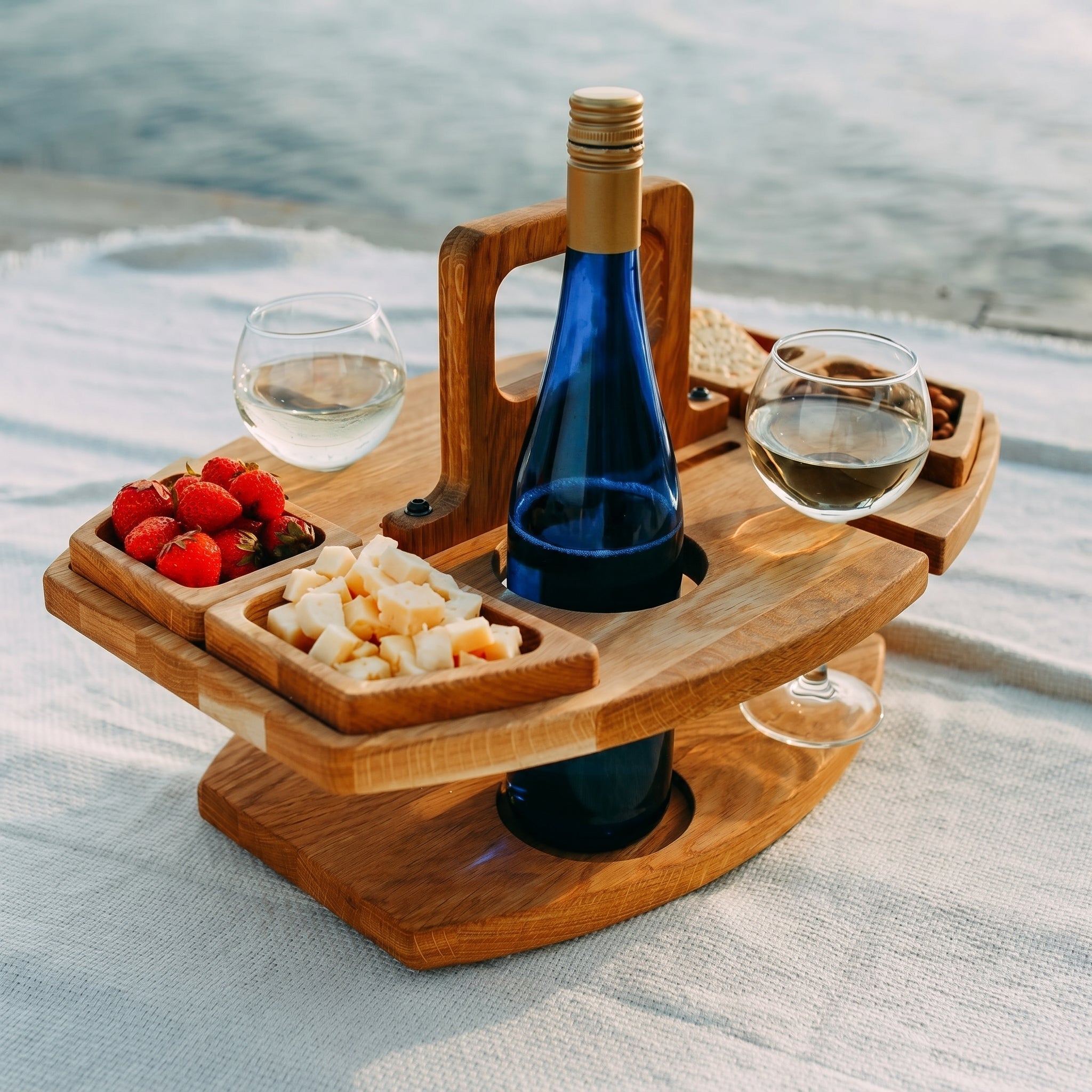 Bambusowy Stolik na Wino i Przekąski, Przenośny, na Taras i Piknik