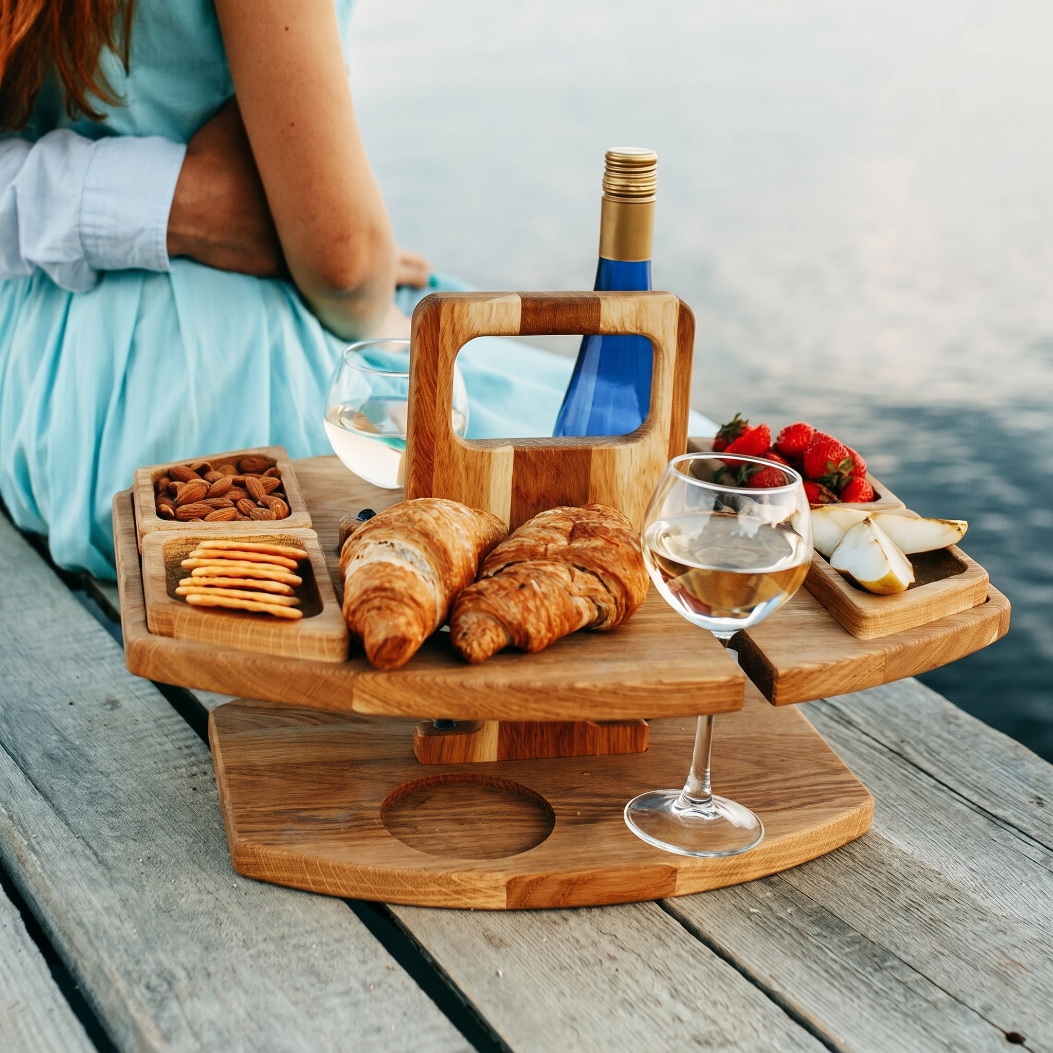Bambusowy Stolik na Wino i Przekąski, Przenośny, na Taras i Piknik