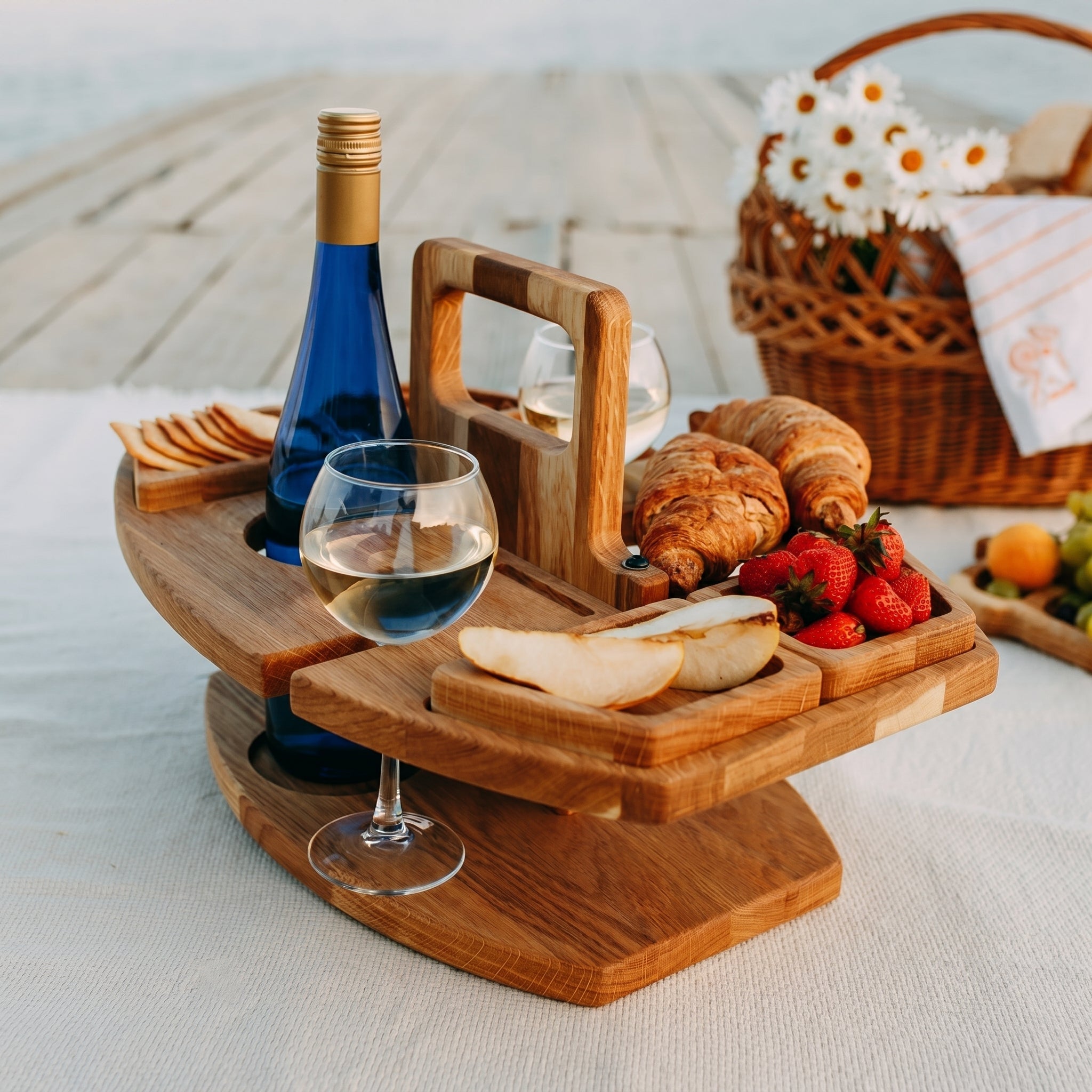 Bambusowy Stolik na Wino i Przekąski, Przenośny, na Taras i Piknik