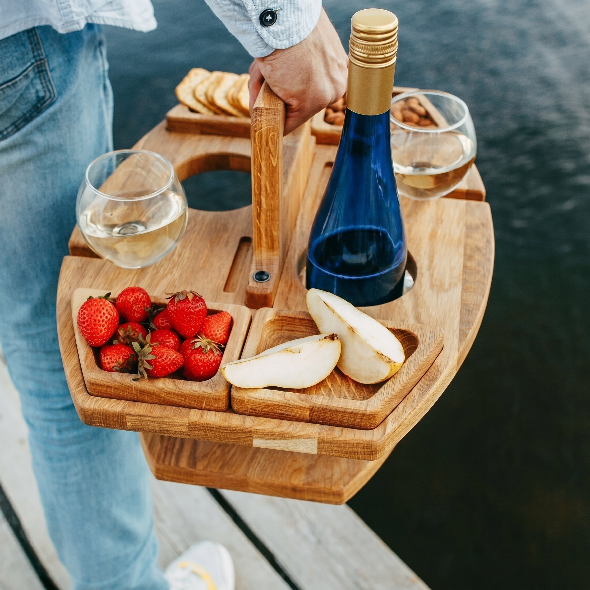 Bambusowy Stolik na Wino i Przekąski, Przenośny, na Taras i Piknik