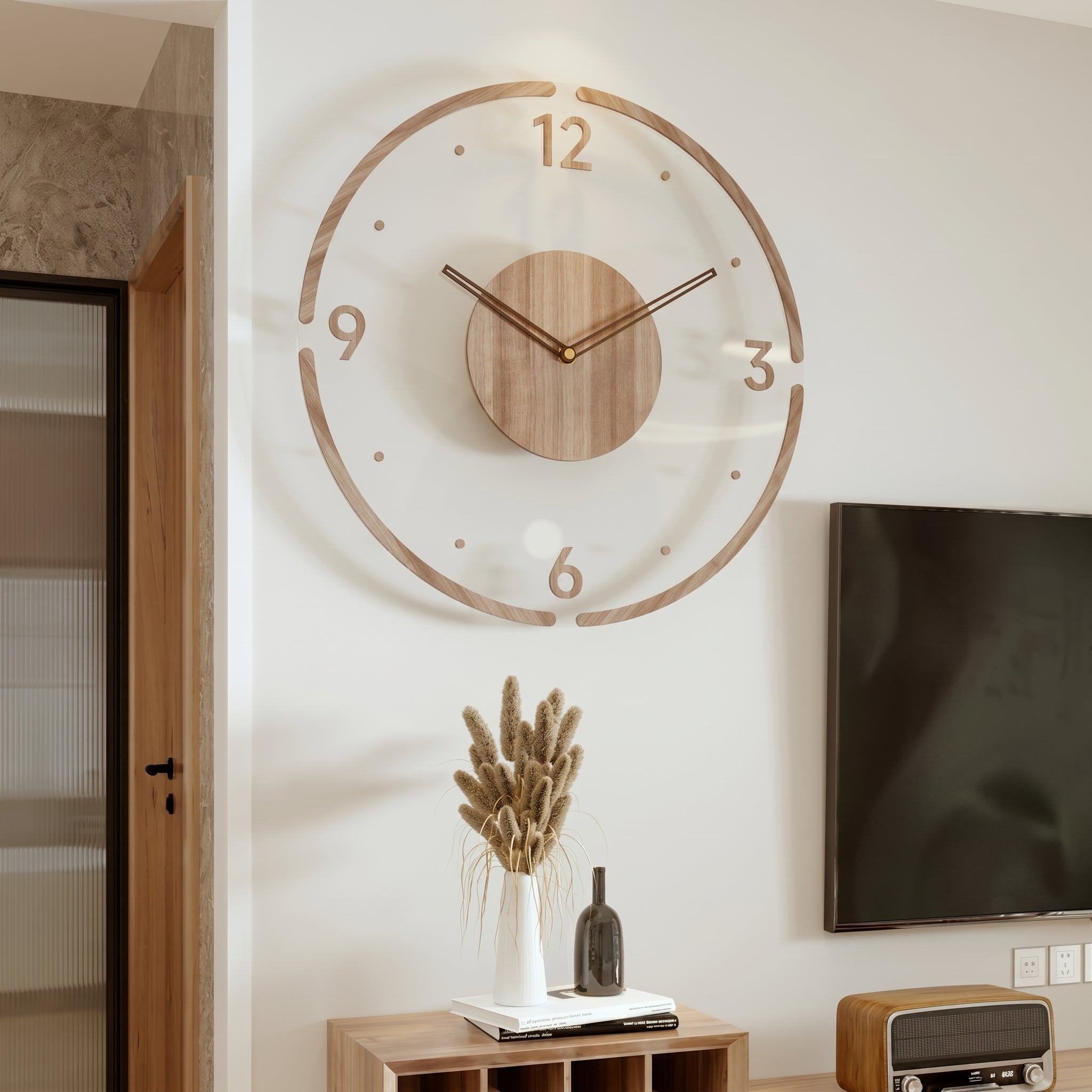 Nordycki Zegar Ścienny w Otwartej Ramie z Drewnianym Detalem, 35 cm