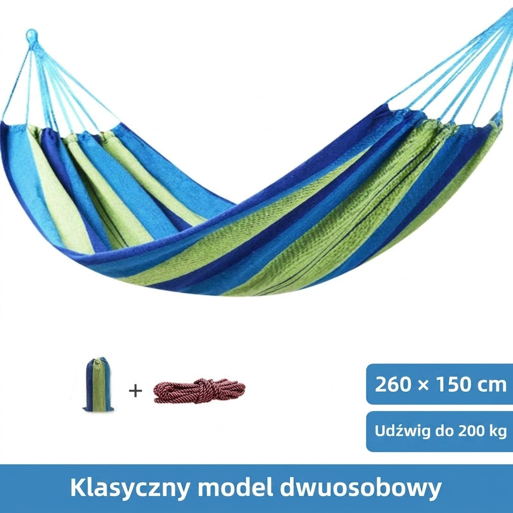 Hamak 260 x 150 cm, udźwig do 200 kg, z torbą i linami