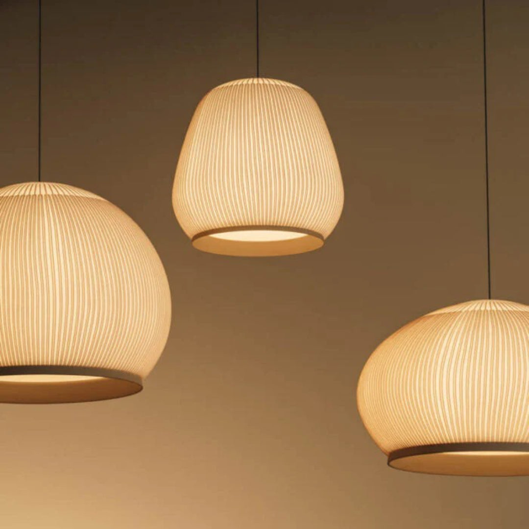 Japandi okrągła lampa wisząca z tkaniny – widok produktu 14 | Nuvira Home