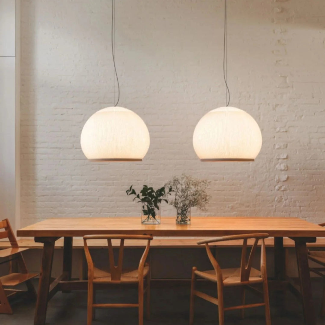 Japandi okrągła lampa wisząca z tkaniny – widok produktu 16 | Nuvira Home