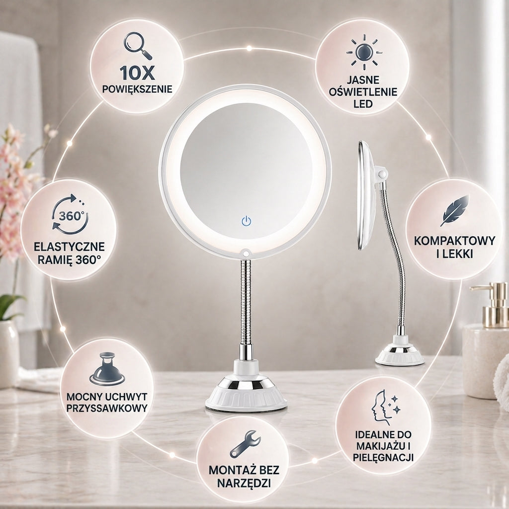Lustro powiększające LED, funkcje: 10x, oświetlenie i ramię 360°