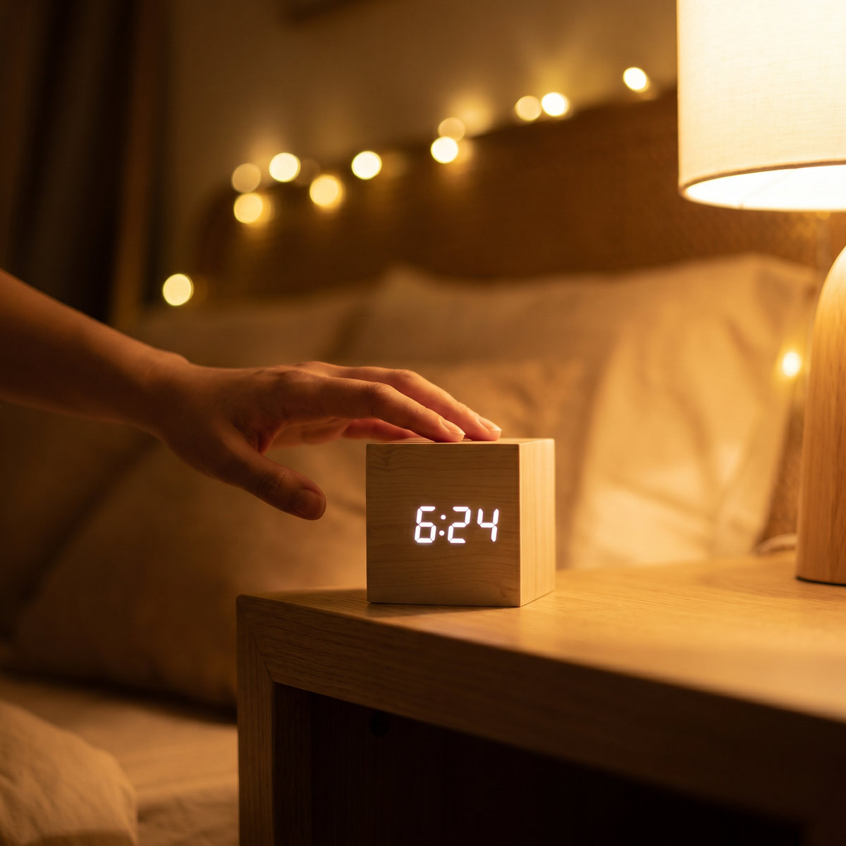 Hand adjusting wood LED clock on nightstand at night cozy lighting