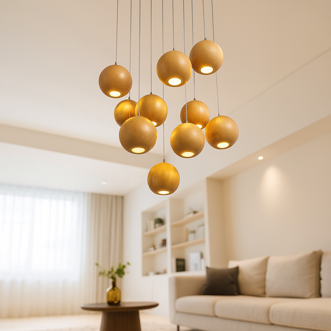 Nowoczesna Drewniana Kula Lampa Wisząca – Do Salonu – widok produktu 4 | Nuvira Home