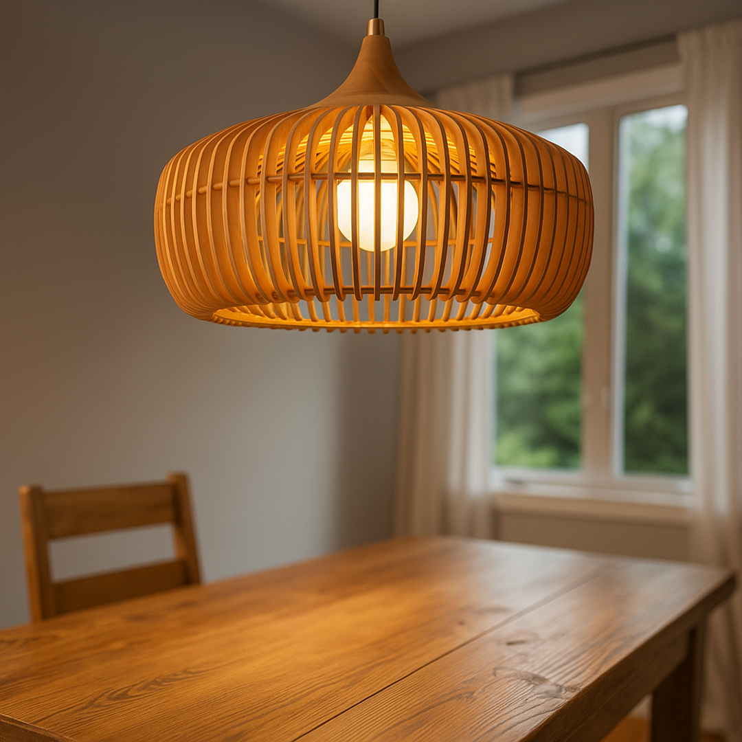 Nowoczesna Drewniana Lampa Wisząca O Designerskim Wyglądzie – Regulowany Przewód – widok produktu 1 | Nuvira Home
