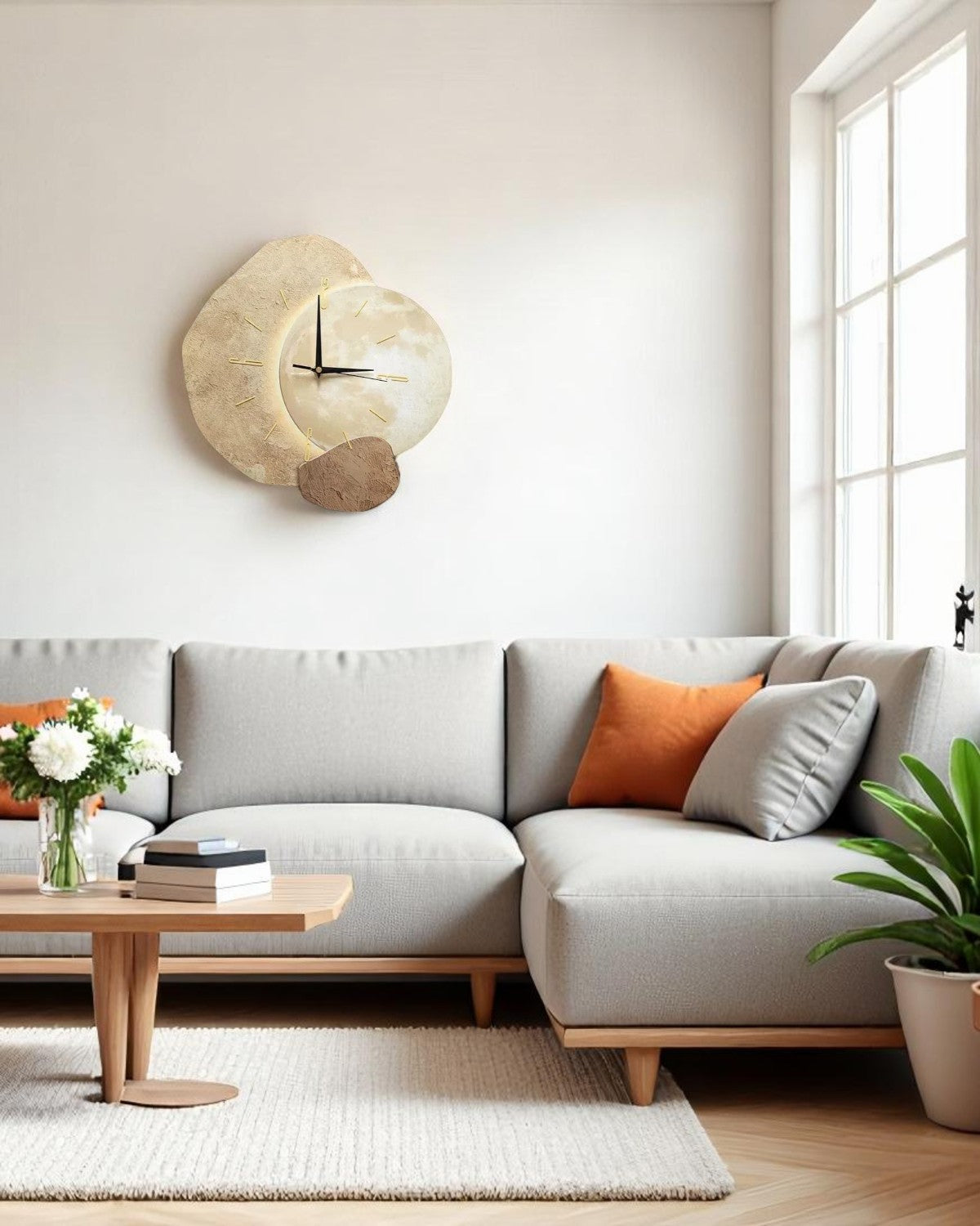 Nowoczesny świecący zegar ścienny o nieregularnym kształcie – widok produktu 5 | Nuvira Home