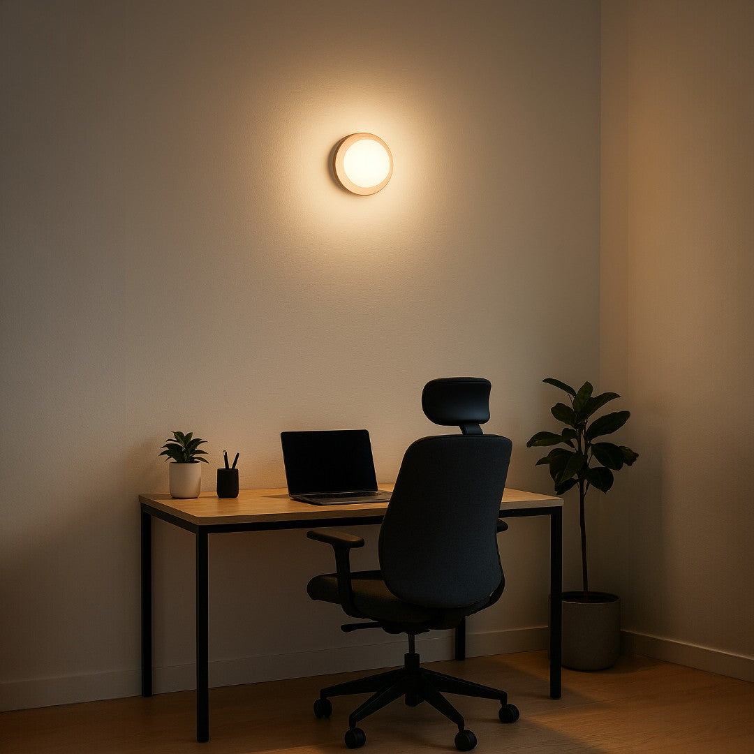 Okrągła Drewniana Lampa Ścienna – Biała – widok produktu 1 | Nuvira Home