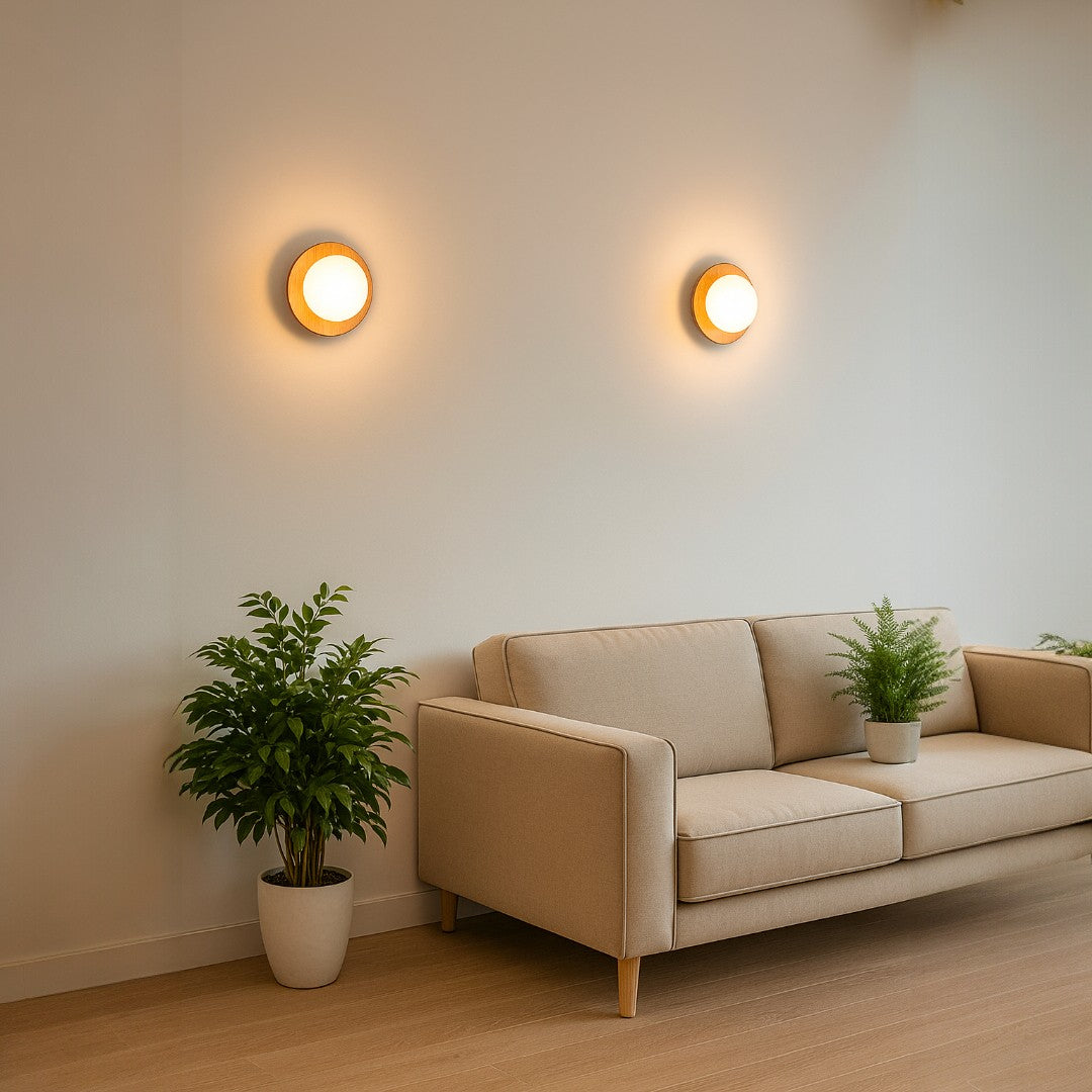 Okrągła Drewniana Lampa Ścienna – Biała – widok produktu 2 | Nuvira Home