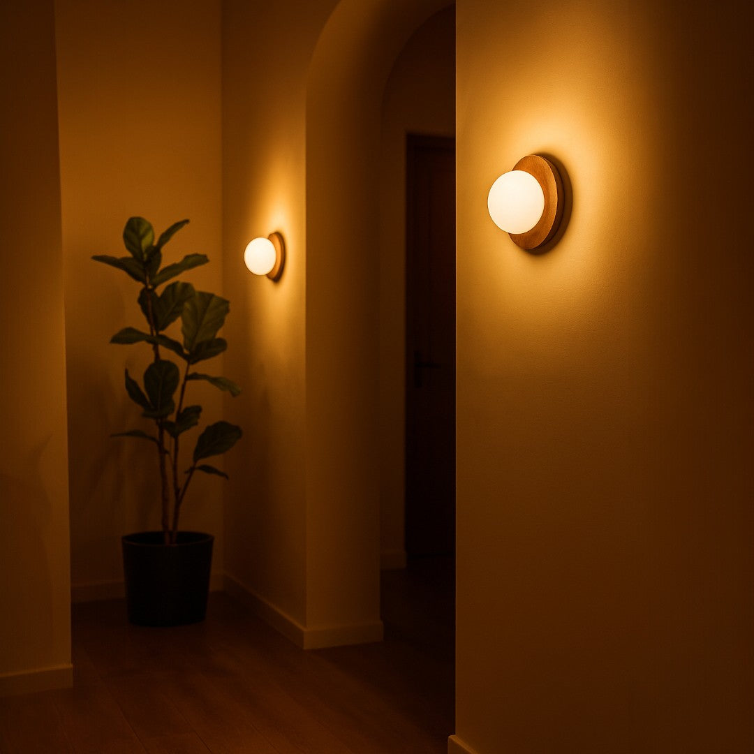 Okrągła Drewniana Lampa Ścienna – Biała – widok produktu 3 | Nuvira Home