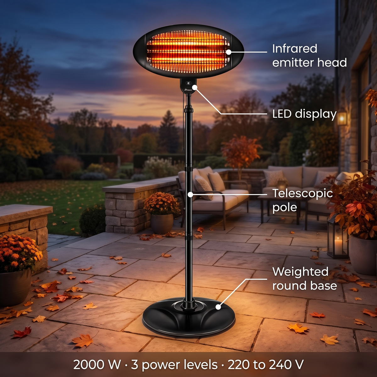 Promiennik Tarasowy Stojący 2000 W, Teleskopowy 130-210 cm, na Balkon