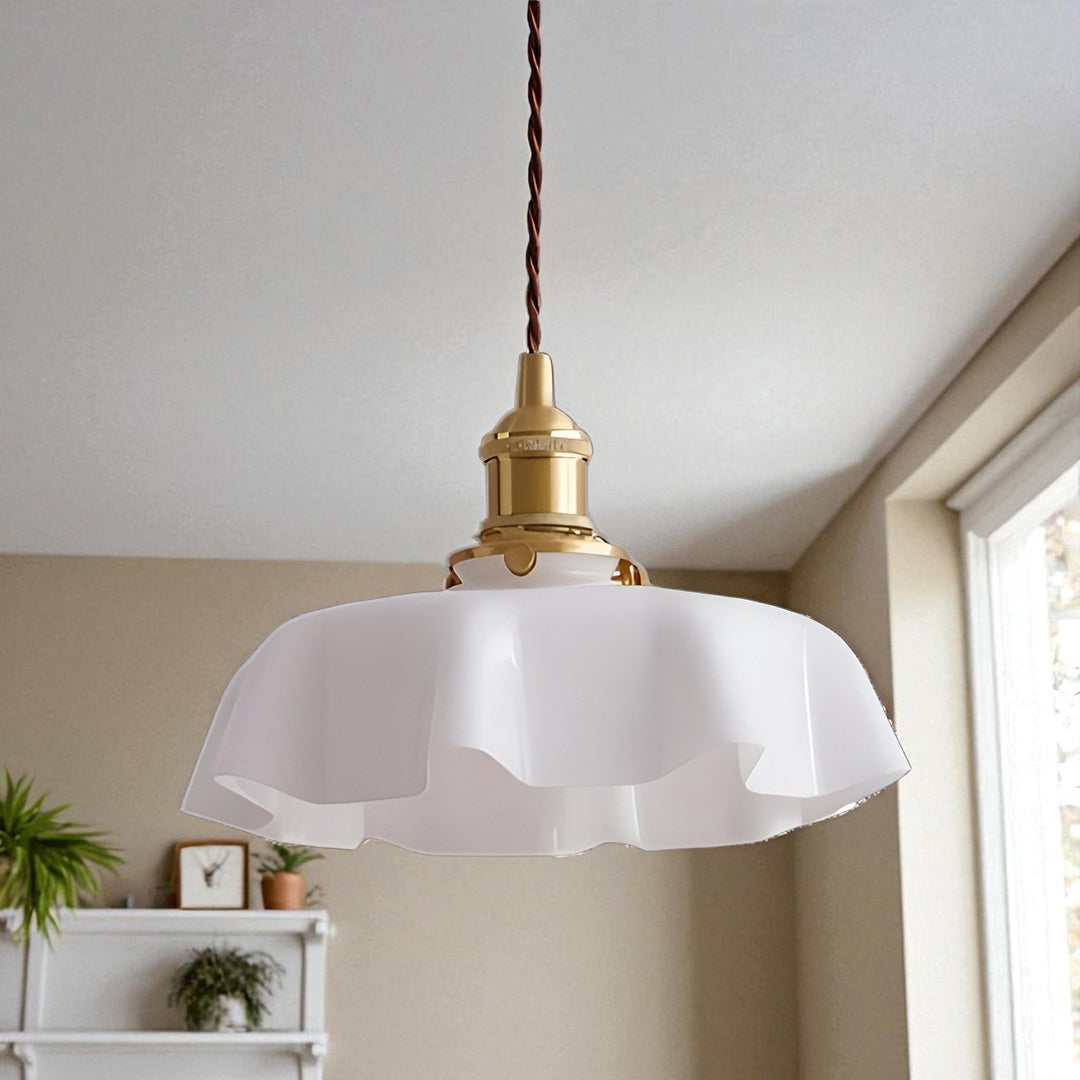 Retro Szklana Lampa Wisząca | Kremowy Kwiatowy Akcent