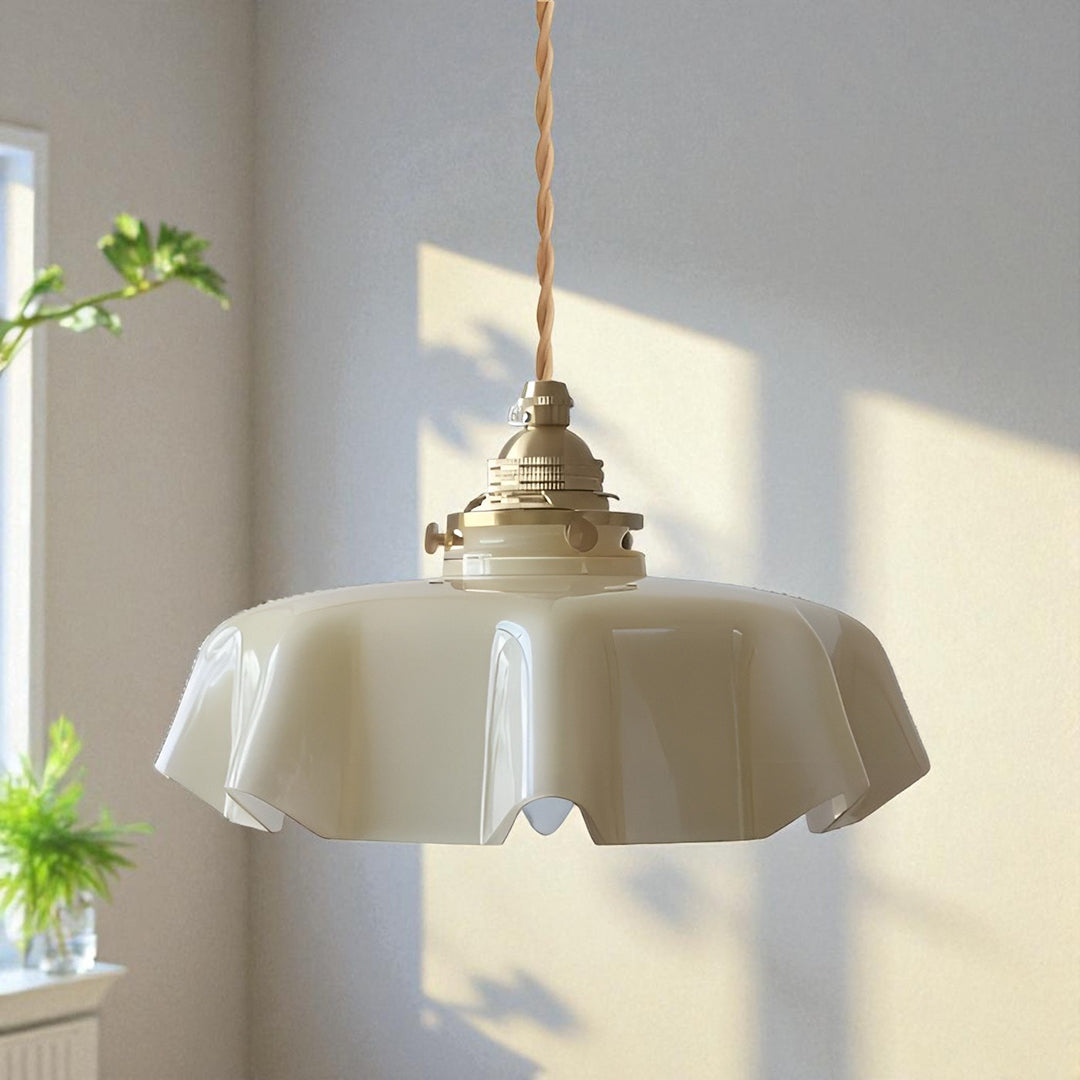 Retro Szklana Lampa Wisząca | Kremowy Kwiatowy Akcent
