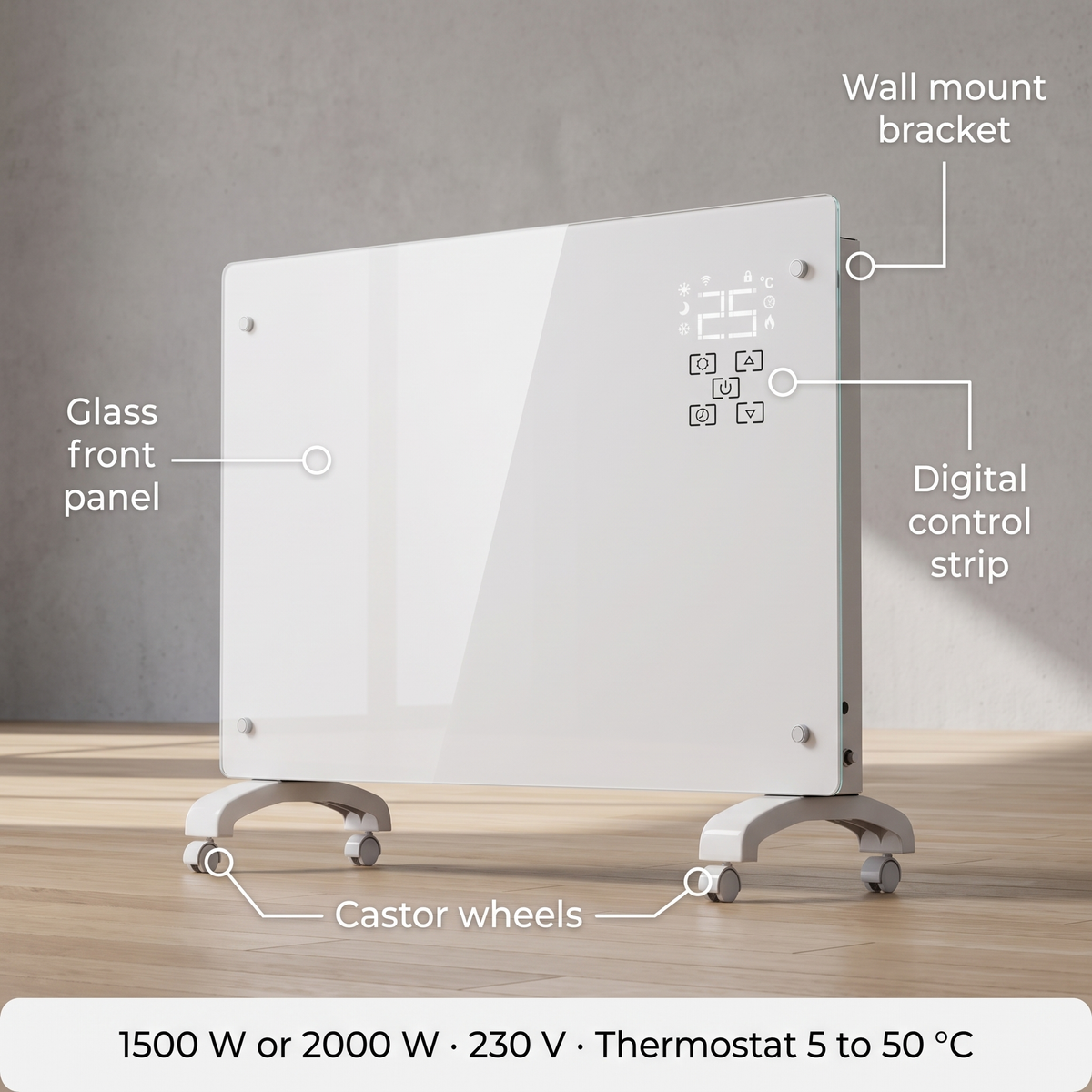 Szklany Grzejnik 1500/2000 W z Termostatem i WiFi, na Kółkach, do Domu