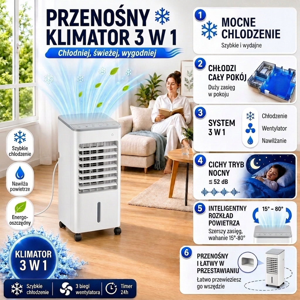 Climatiseur portable 3 en 1 – refroidissement mobile, ventilateur et humidificateur d'air