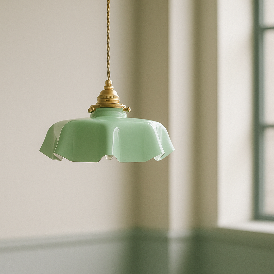 Retro Szklana Lampa Wisząca | Kremowy Kwiatowy Akcent