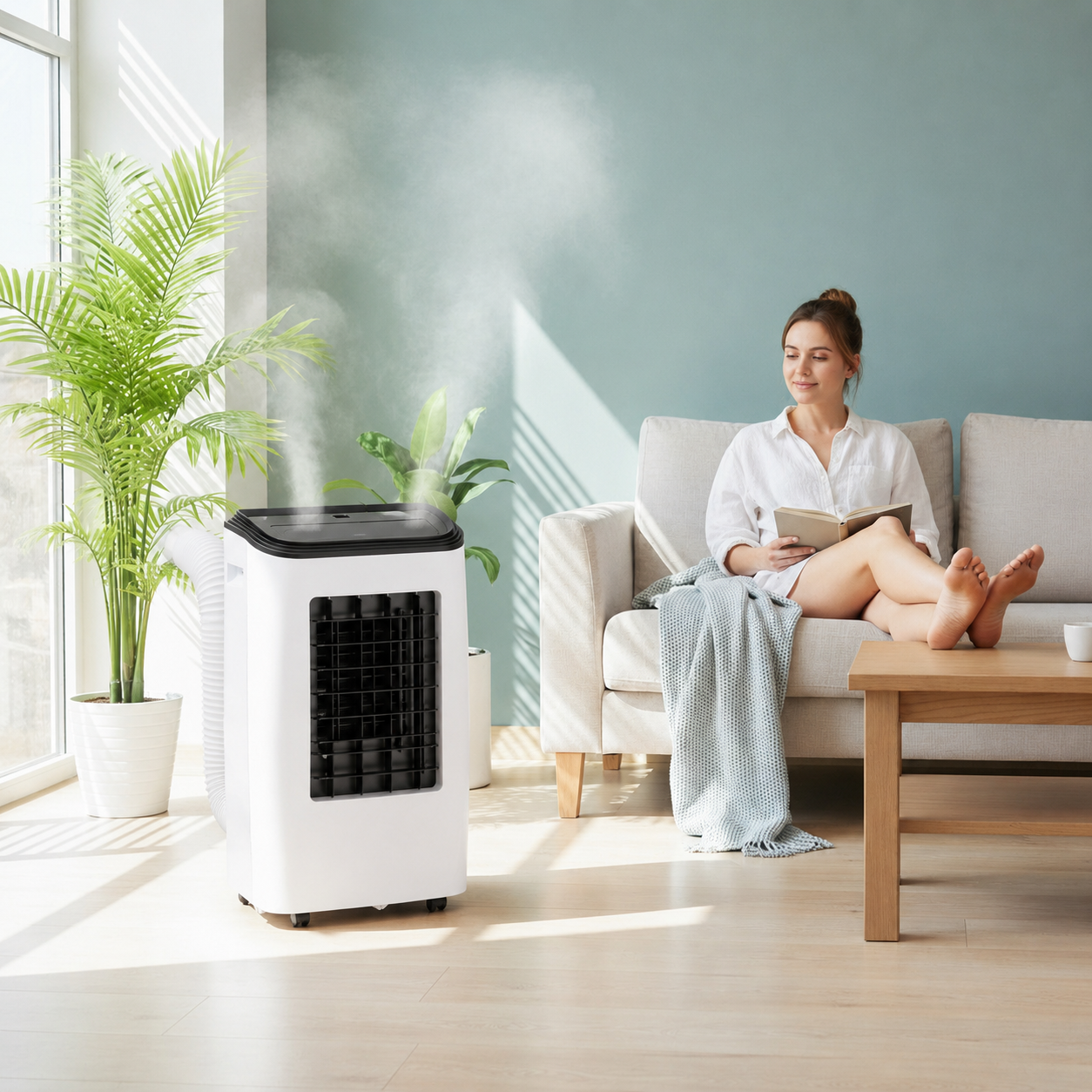 Przenośny klimatyzator 12000 BTU w jasnym salonie