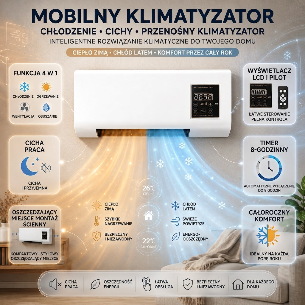 Mobilny klimatyzator ścienny 4w1 – chłodzenie, ogrzewanie, wentylacja i osuszanie | cichy, pilot, LCD, biały