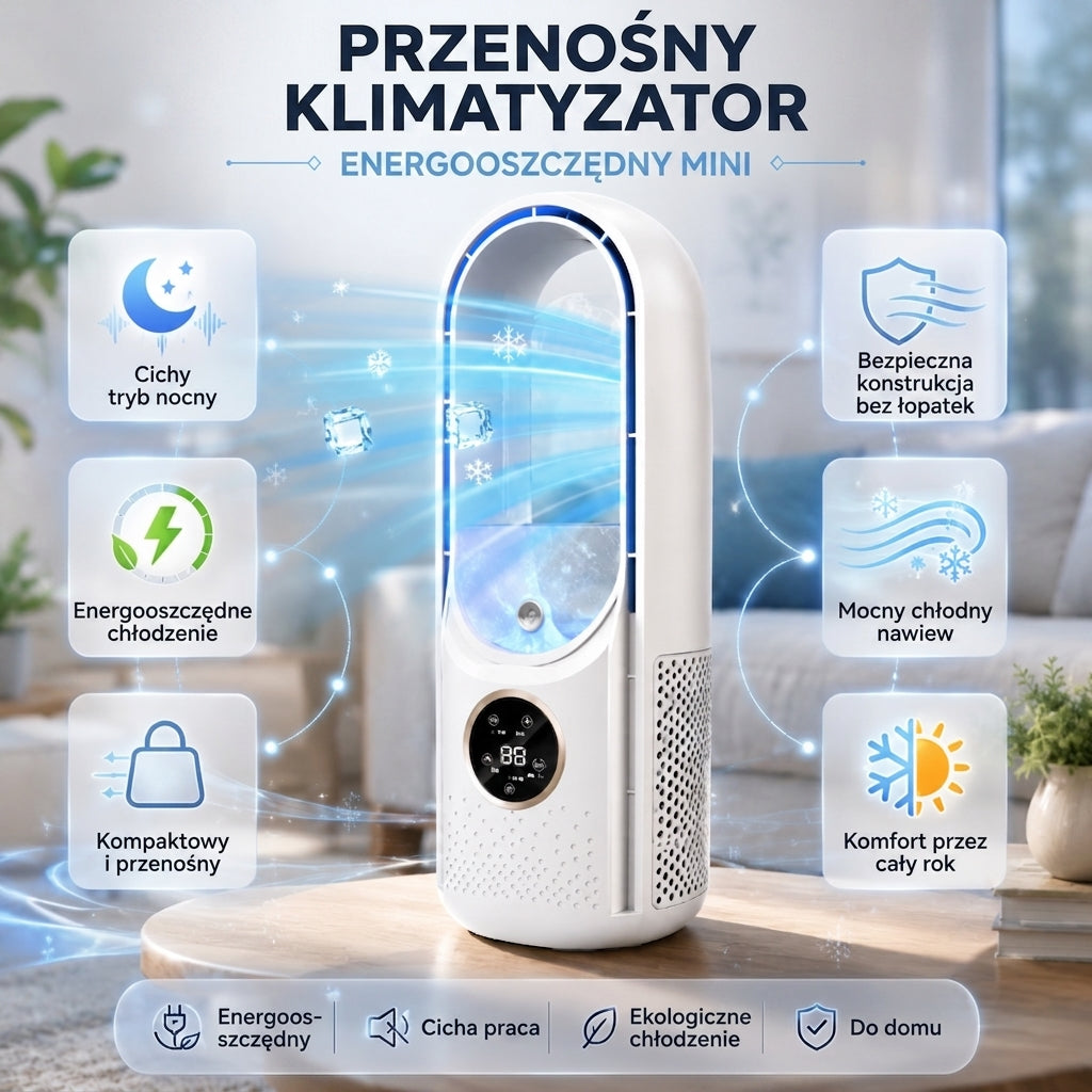 Funkcje mini klimatyzatora: cichy, bezłopatkowy, energooszczędny