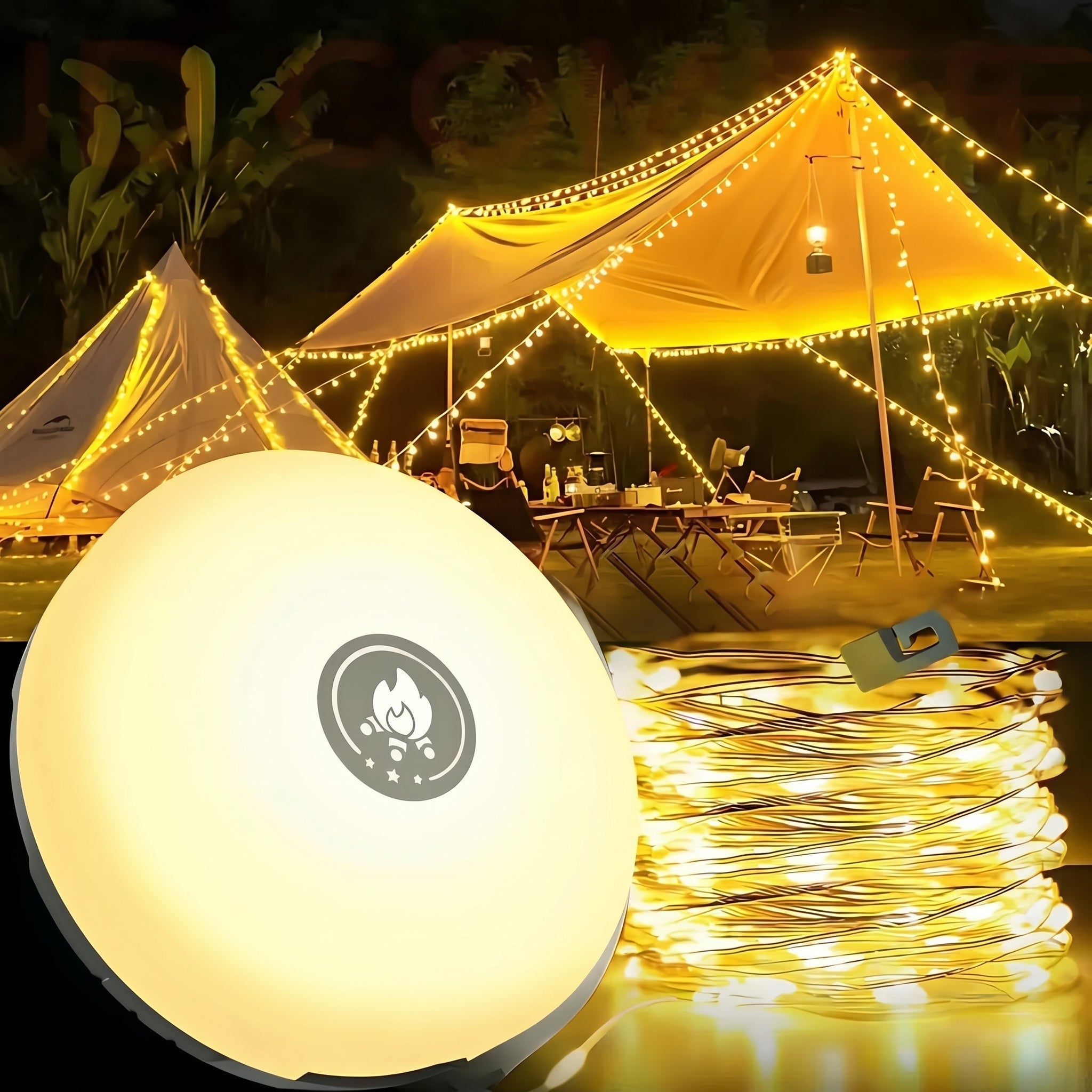 Lampa Kempingowa 4w1 z Rozwijanym Sznurem Lampek LED, Ładowalna