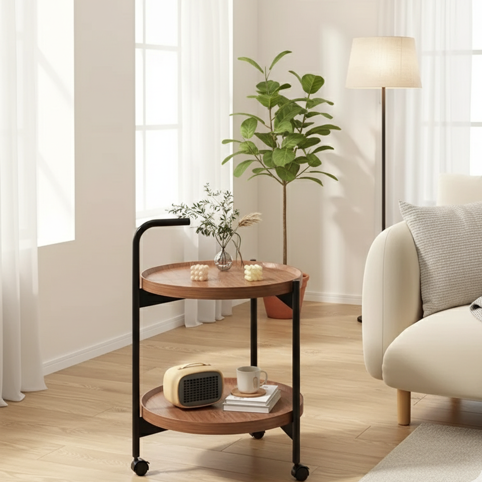 Dwupoziomowy Drewniany Stolik Pomocniczy na Kółkach – widok produktu 1 | Nuvira Home