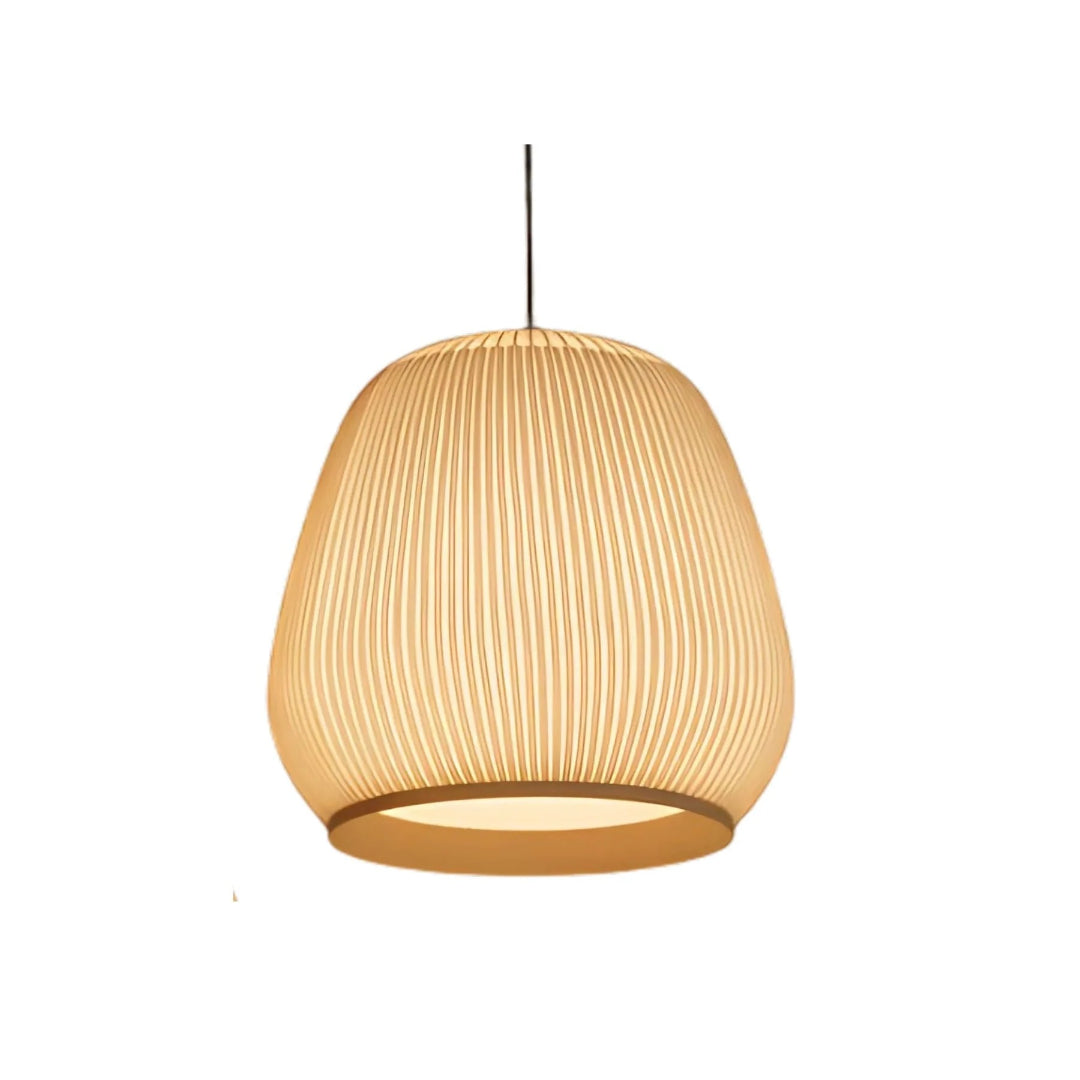 Japandi okrągła lampa wisząca z tkaniny – widok produktu 2 | Nuvira Home