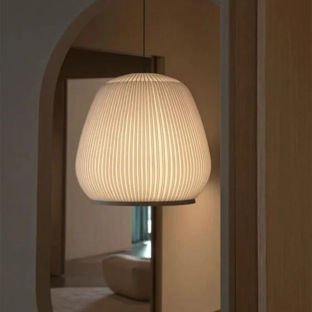 Japandi okrągła lampa wisząca z tkaniny – widok produktu 10 | Nuvira Home
