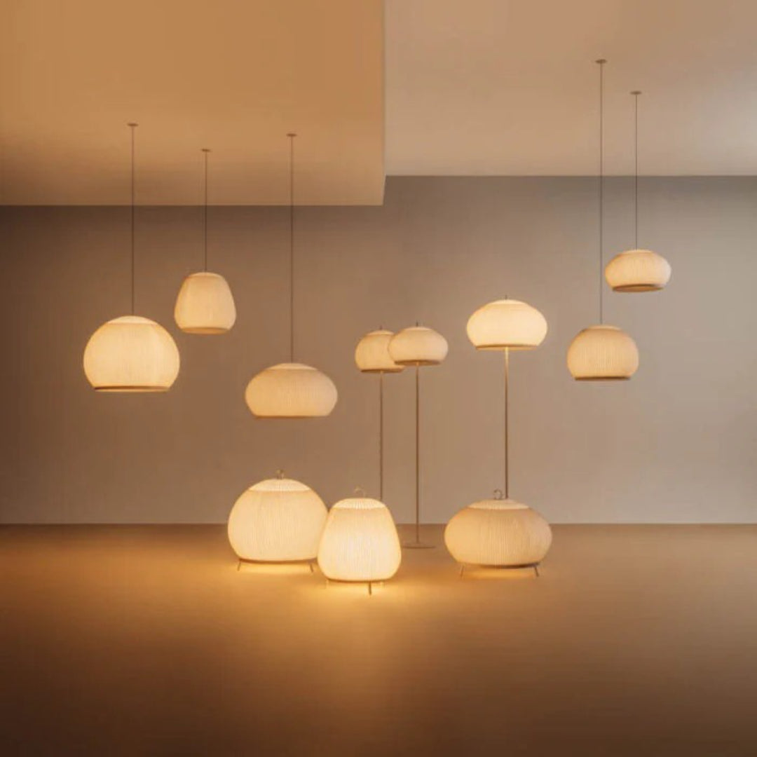 Japandi okrągła lampa wisząca z tkaniny – widok produktu 13 | Nuvira Home