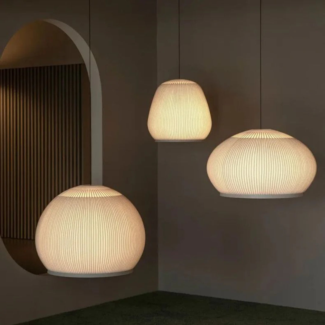 Japandi okrągła lampa wisząca z tkaniny – widok produktu 15 | Nuvira Home