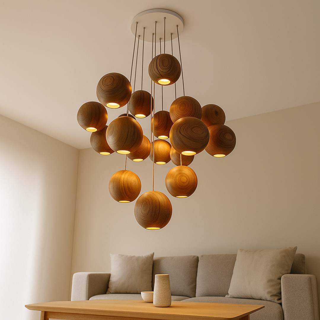 Nowoczesna Drewniana Kula Lampa Wisząca – Do Salonu – widok produktu 6 | Nuvira Home