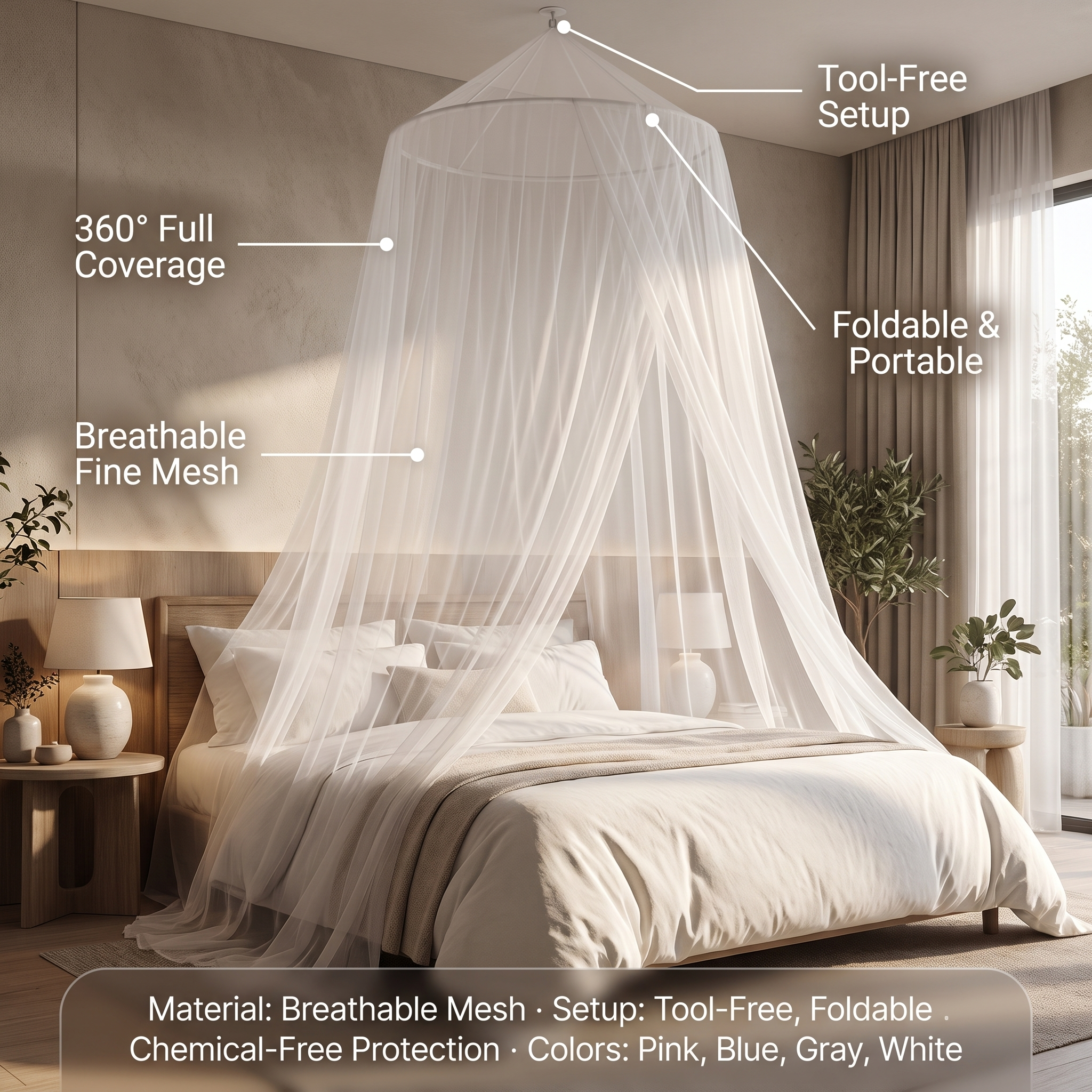 Canopy mosquito net infographic - 360 coverage, breathable mesh, tool-free setup, foldable