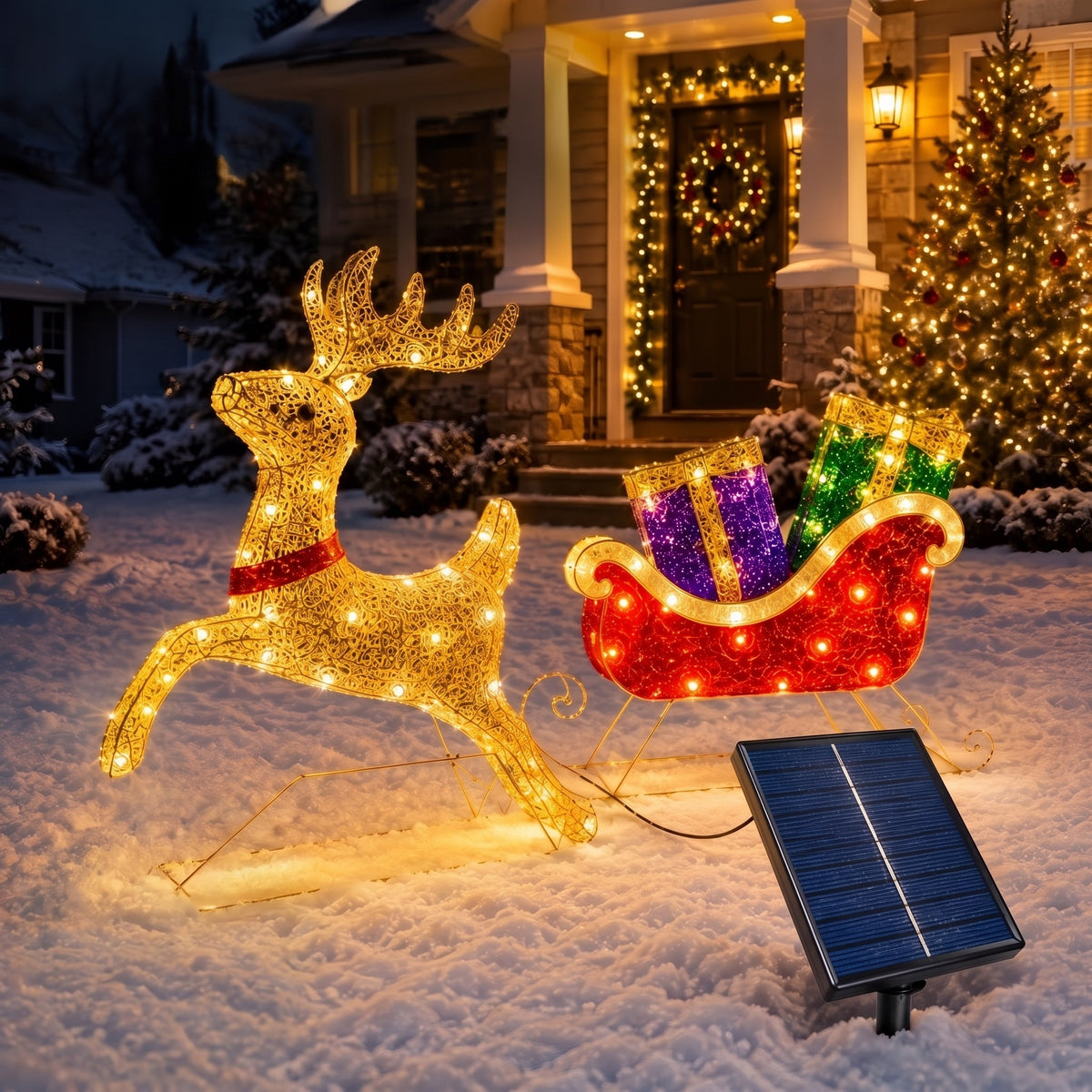 Świąteczne Sanie z Reniferem LED 192 cm, Ciepła Biel, Solarne lub USB – widok produktu 14 | Nuvira Home