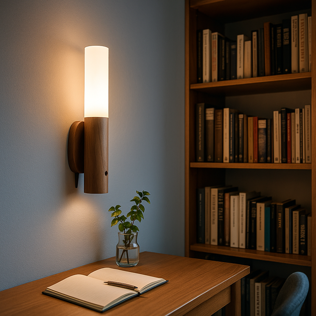 Szklana Lampa Ścienna Z Czujnikiem Ruchu – Drewno – widok produktu 1 | Nuvira Home