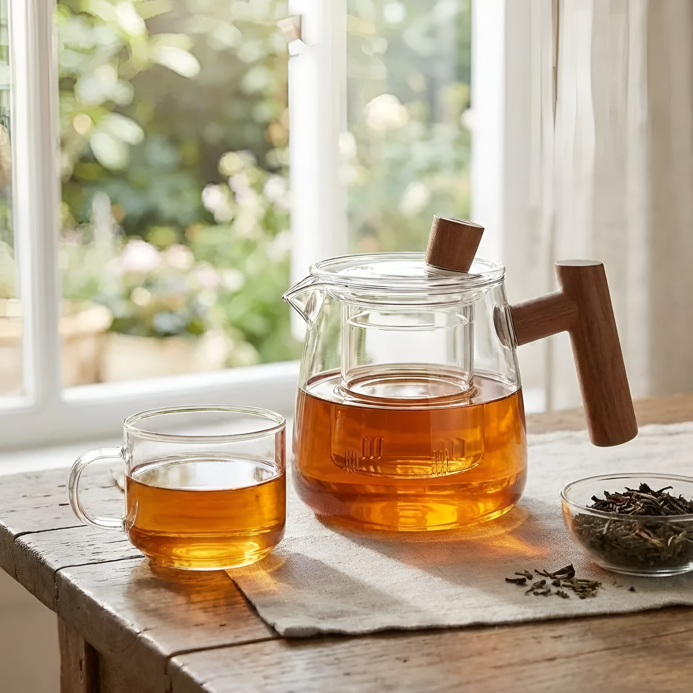Szklany Dzbanek do Herbaty 600 ml z Drewnianym Uchwytem – widok produktu 5 | Nuvira Home