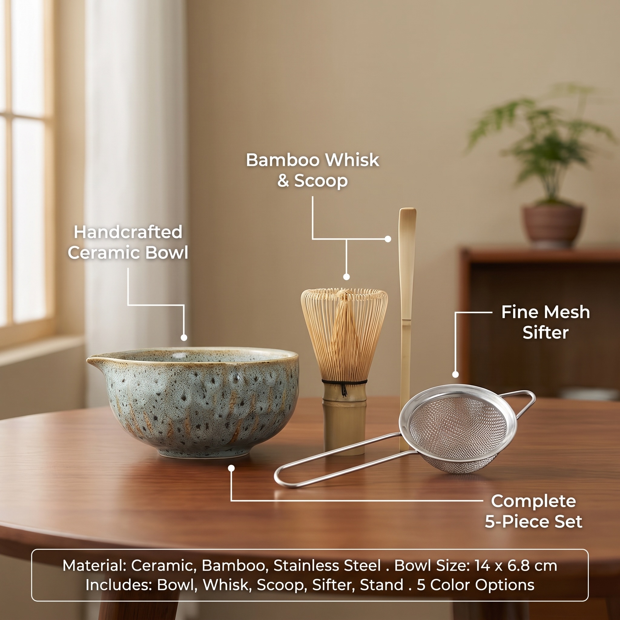 5-piece matcha set infographic - ceramic bowl, bamboo whisk and scoop, mesh sifter, complete set
