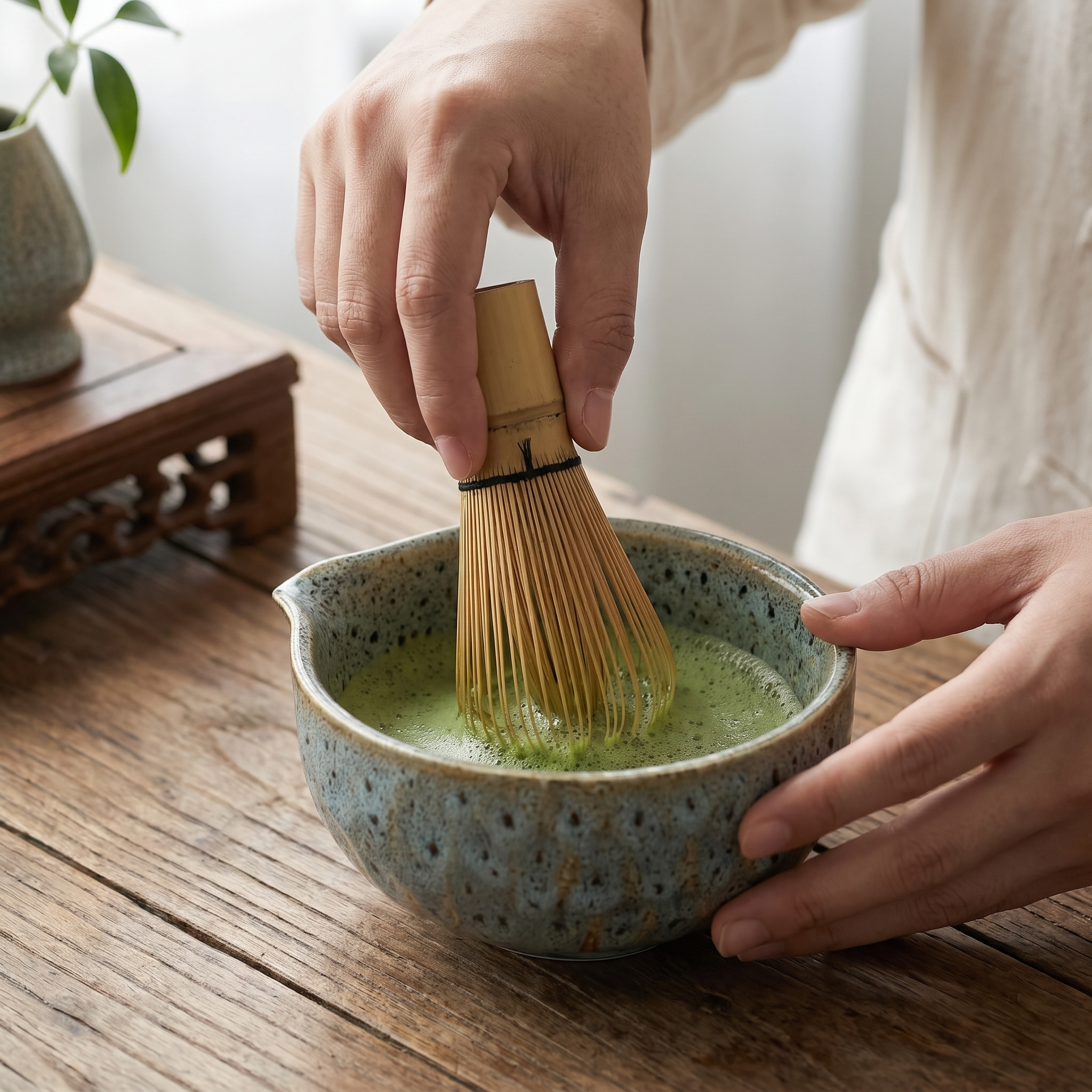 Hands whisking matcha tea in ceramic bowl with bamboo whisk